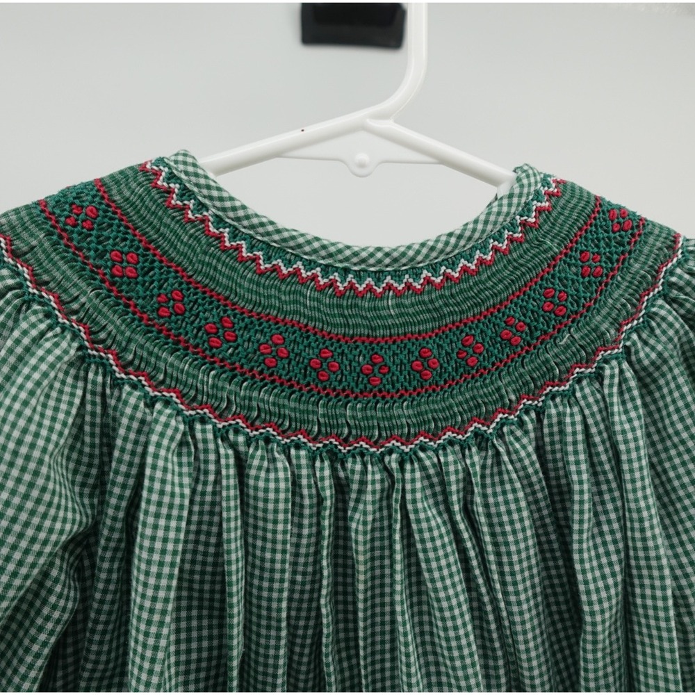 Green Gingham Hand Smocked Bishop Dress Kids Red Floral Embroidery Christmas 24m - Picture 2 of 10